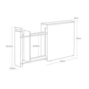 Hvit oppbevaringsenhet med skyvbar dør og treplate på toppen, brukt til husholdningsartikler.