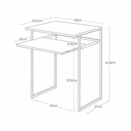 Teknisk tegning av sidebord med uttrekkbar hylle og mål