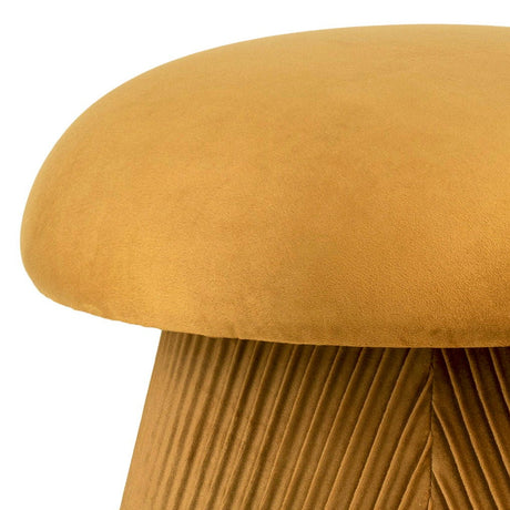 Rund puff i okerfarget velour med dekorativ form