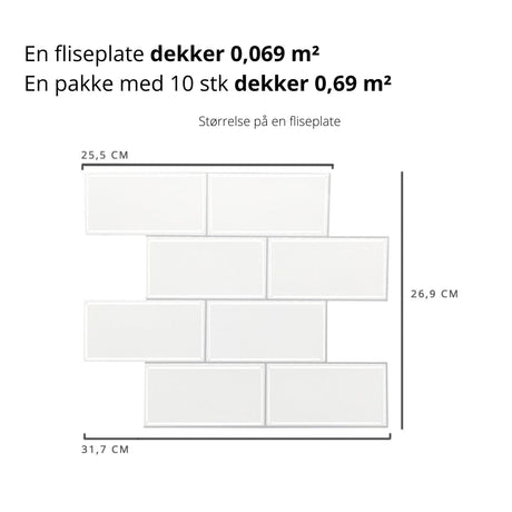 Illustrasjon som viser størrelse og dekkevne på subway hvit veggfliser, 25,5 x 31,7 cm.