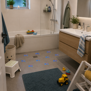 Glidsikre elefanter placeret på badeværelsesgulvet foran dusjen
