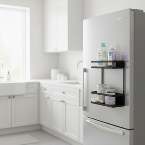 Praktisk metallhylle med magnetfeste – plass til krydder, rengjøringsmidler eller småting.