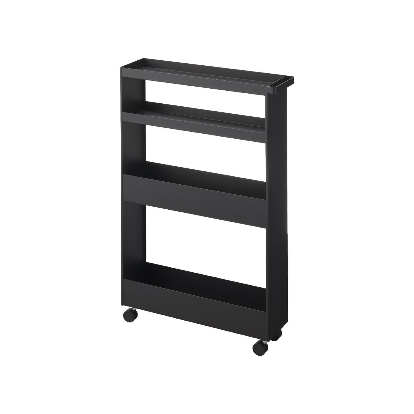 Sort oppbevaringsvogn med fire hyller plassert mellom vaskemaskin og tørketrommel.