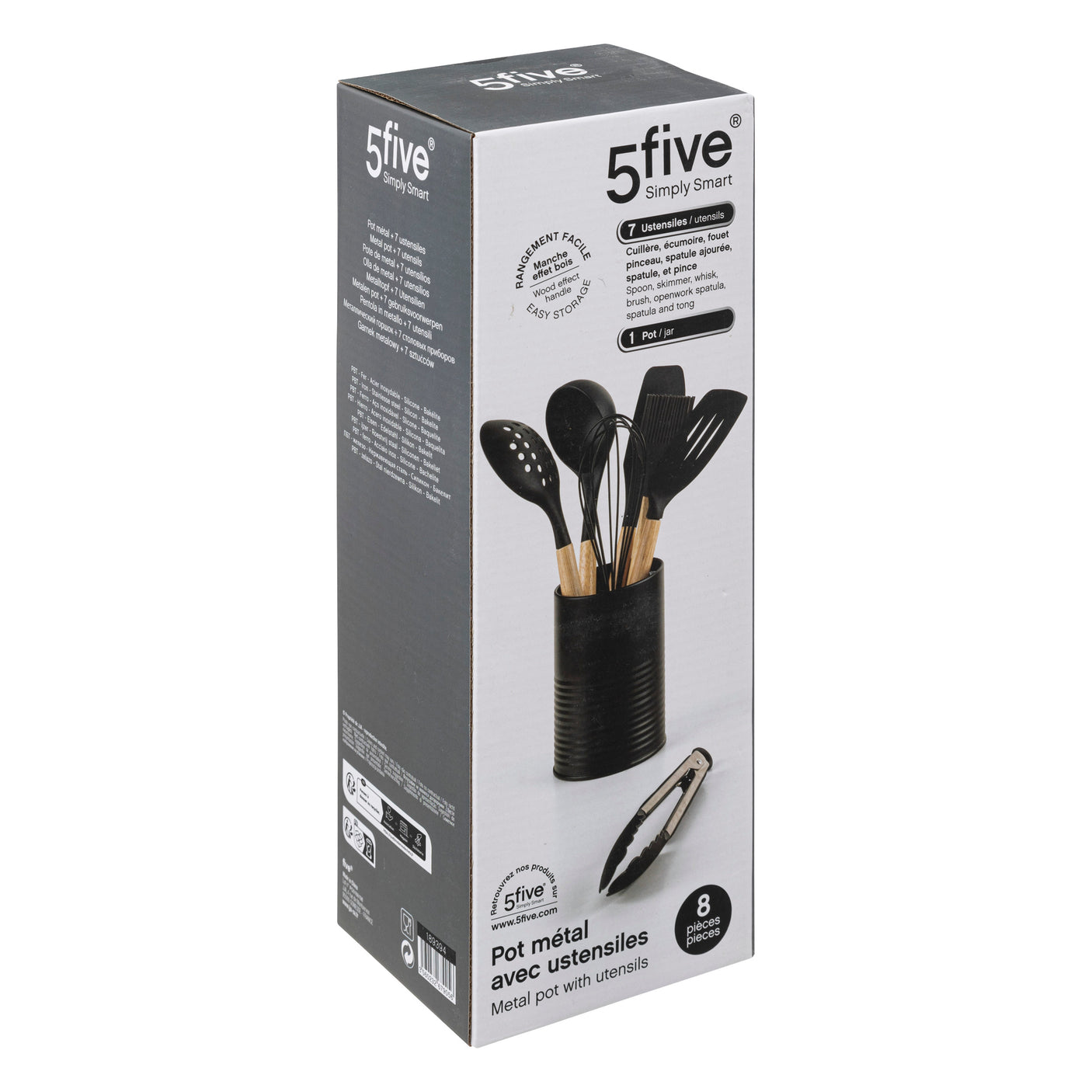 Køkkenredskaber med træskaft og holder fra 5Five Simply Smart i original emballasje.