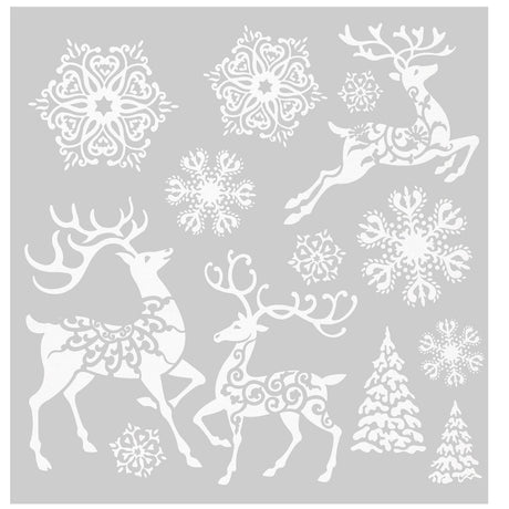 Julestickers med glitter 6 design 31,5 x 30,4 cm, ark med reinsdyr, snøkrystaller og juletrær