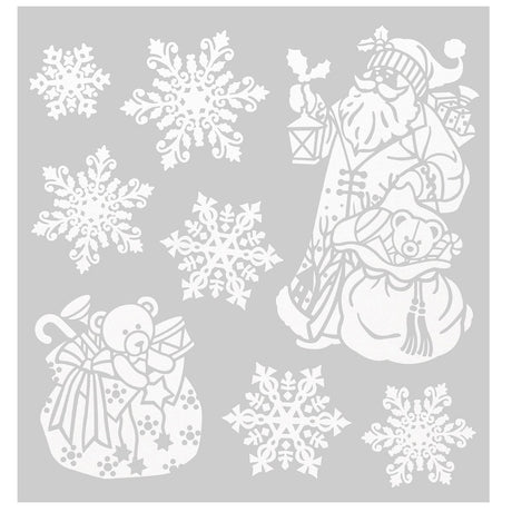 Julestickers med glitter 6 design 31,5 x 30,4 cm, ark med snøkrystaller, nisse og to barn