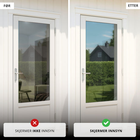 Før og etter montering av reflektiv vindusfolie som skjermer for innsyn og gir speileffekt på dagtid