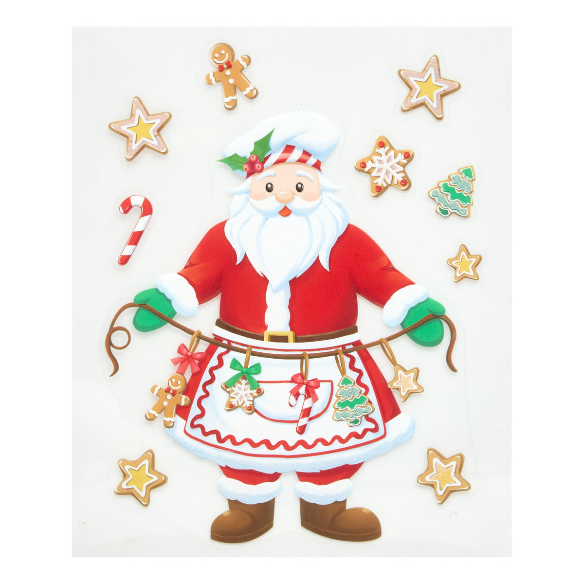Julevindu-sticker med nisse i bakeforkle, pepperkaker, polkastang og stjerner