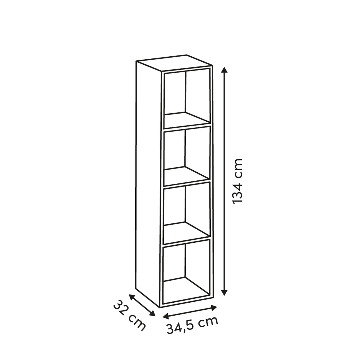 Mix'n Modul reol 4 rom valnøttfarget 134 cm, mål på reolen