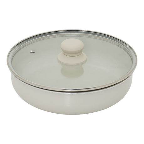Beige gryte med glasslokk fra kokekarsettet
