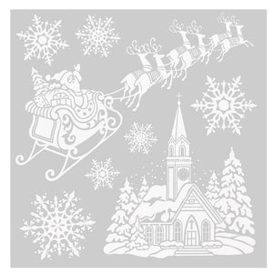 Julestickers med glitter 6 design 31,5 x 30,4 cm, ark med slede og vinterlandsby