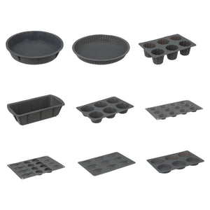 Grå silikon-bakeformer i serie, avlang kakeform med de øvrige formene