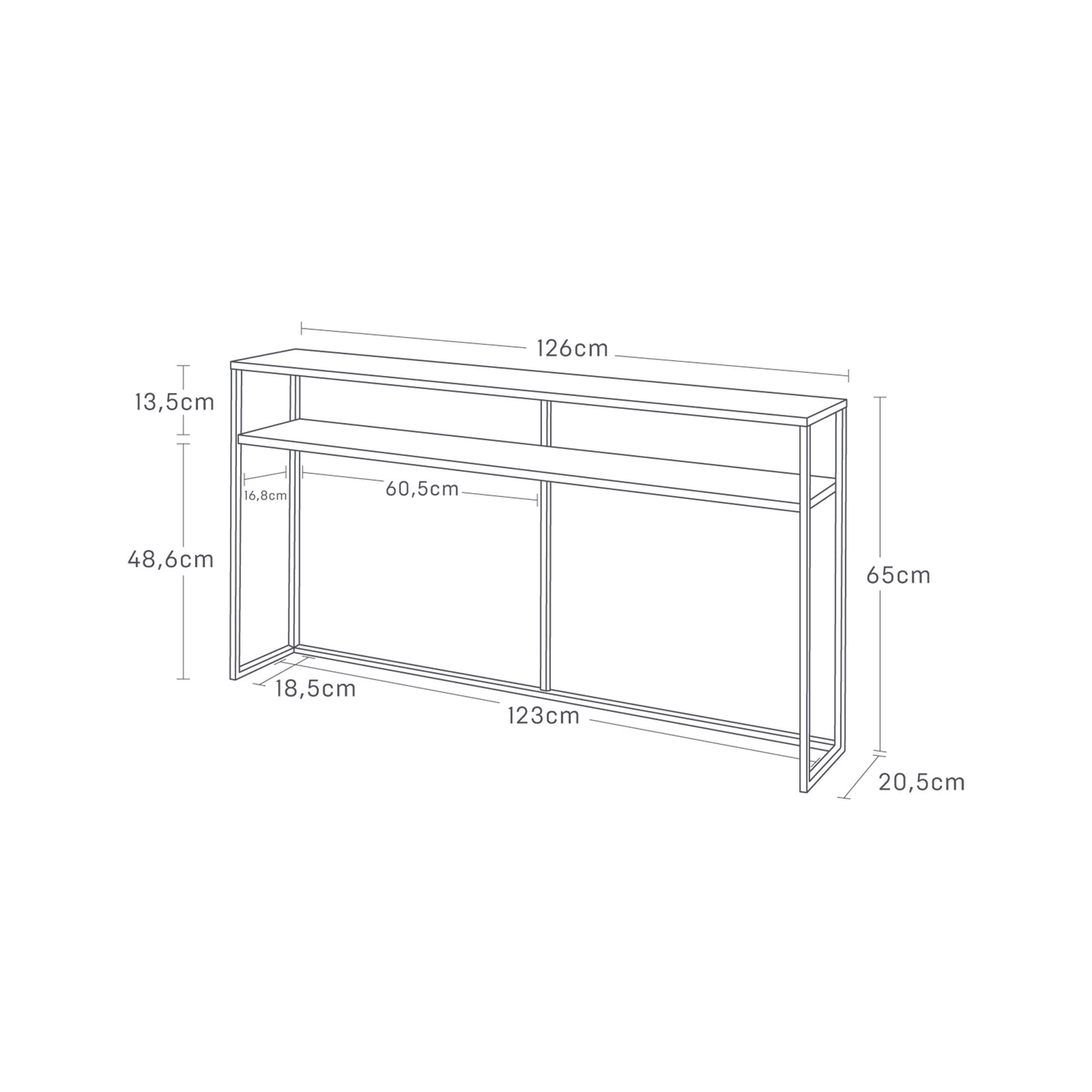 Smalt konsollbord i sort metall og tre brukt bak sofa.