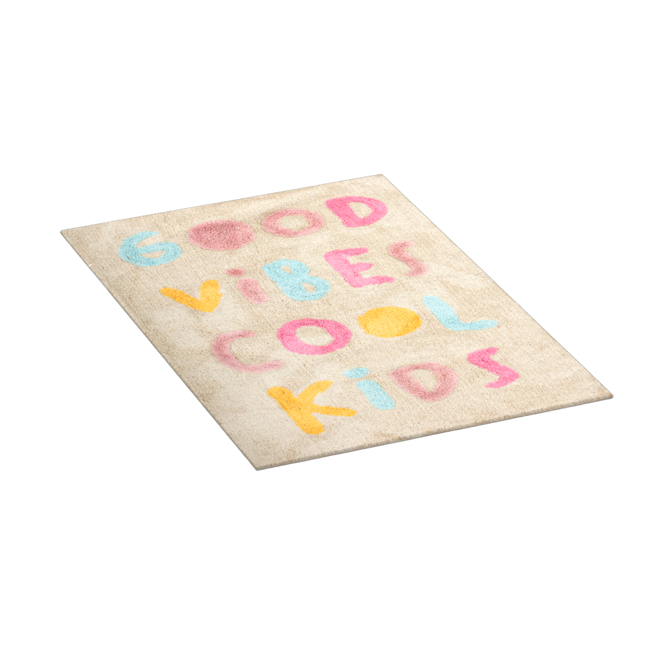 Rektangulært barneteppe 100 x 150 cm med fargerikt Good Vibes Cool Kids motiv, vist skrått ovenfra