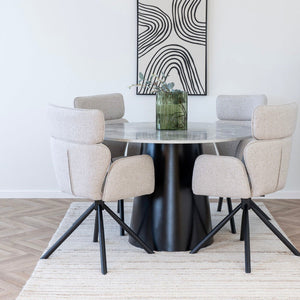 Rundt spisebord 120 cm i grå marmorfinish och svart underställ – kvadratiskt format