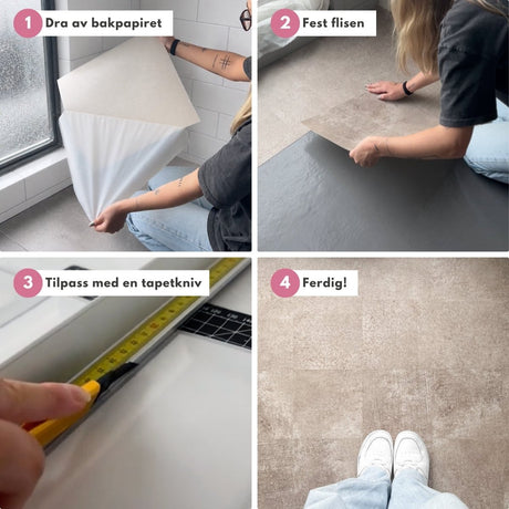 Montering av Charleston selvklebende fliser – dra av bakpapiret, fest flisen og tilpass enkelt med tapetkniv for et moderne gulv.