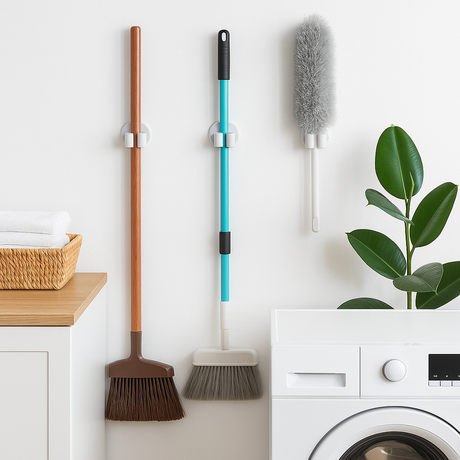 Moppeholdere i bruk på vaskerom, holder diverse rengjøringsredskaper på hvit vegg.