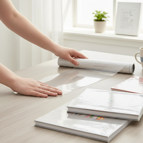 Selvheftende klar folie som trekkes av rullen