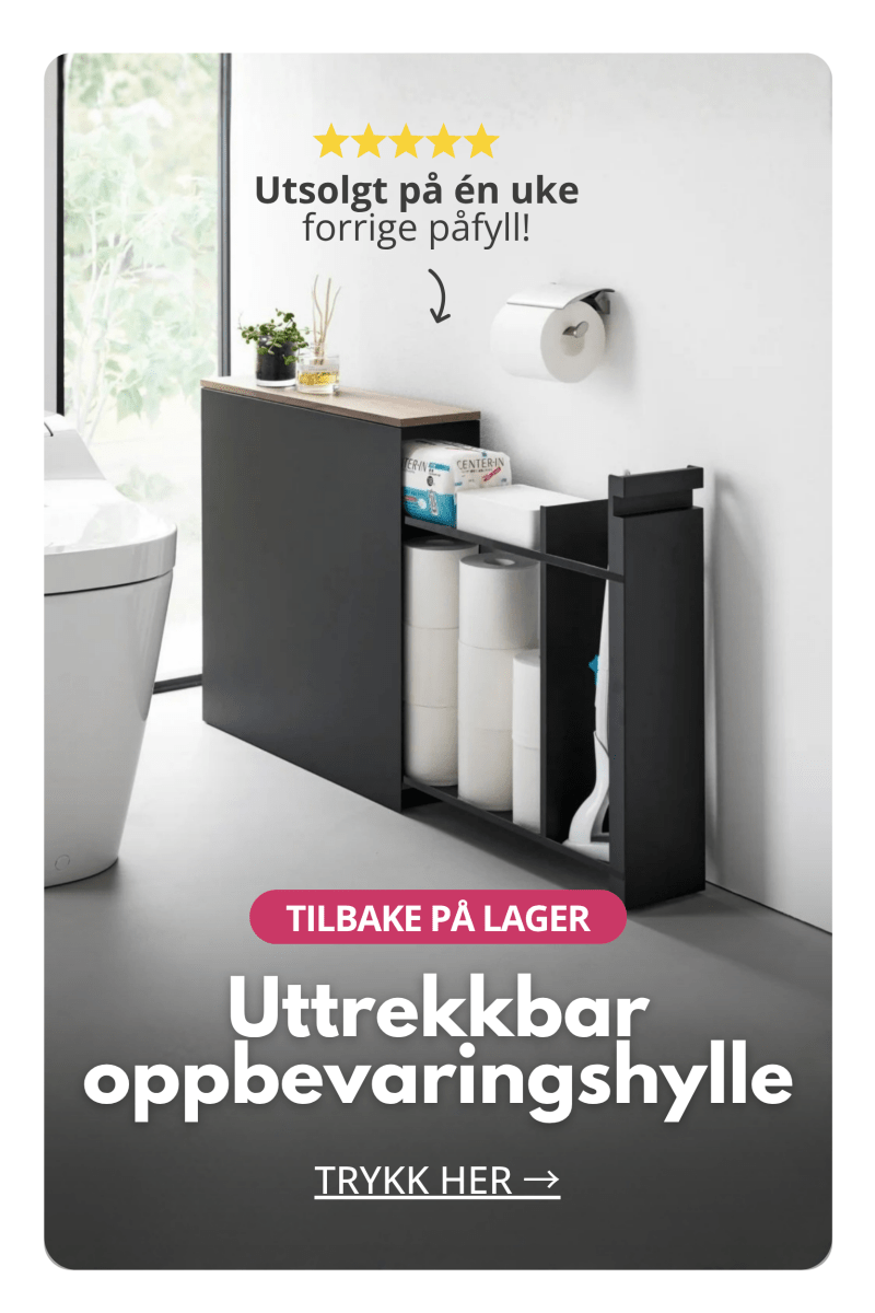 Uttrekkbar oppbevaringshylle for toalettpapir og baderomsartikler plassert ved siden av toalett
