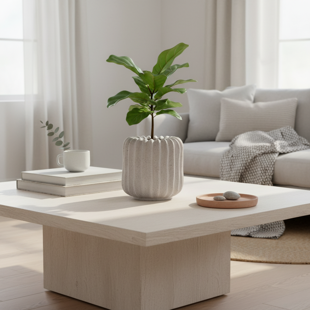 Kvadratisk bilde av potte på hylle med minimalistisk interiør rundt