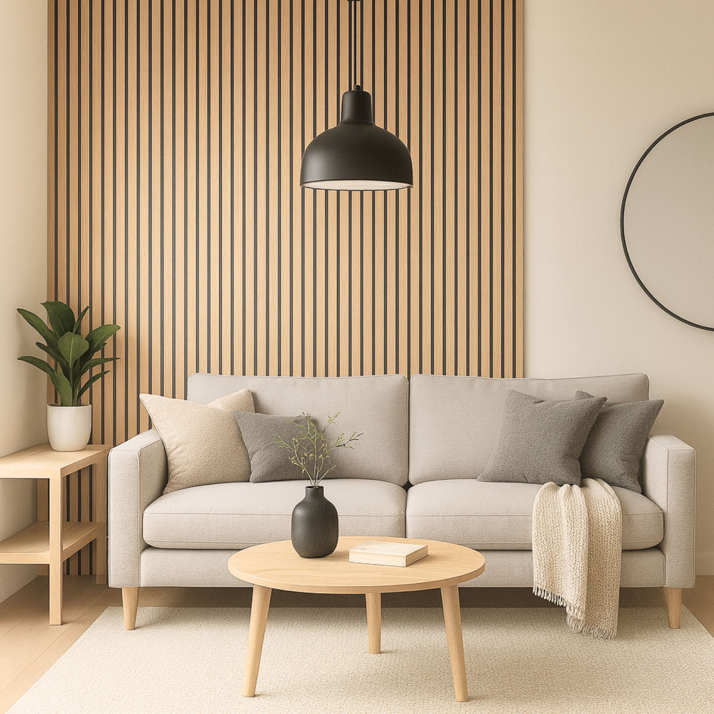 Moderne stue med lyse tremøbler, beige sofa og spileplater i eik på veggen for et nordisk uttrykk.