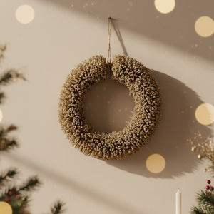 Gullfarget julekrans på brun inngangsdør, pyntet med girlander, røde julekuler og julestjerner.