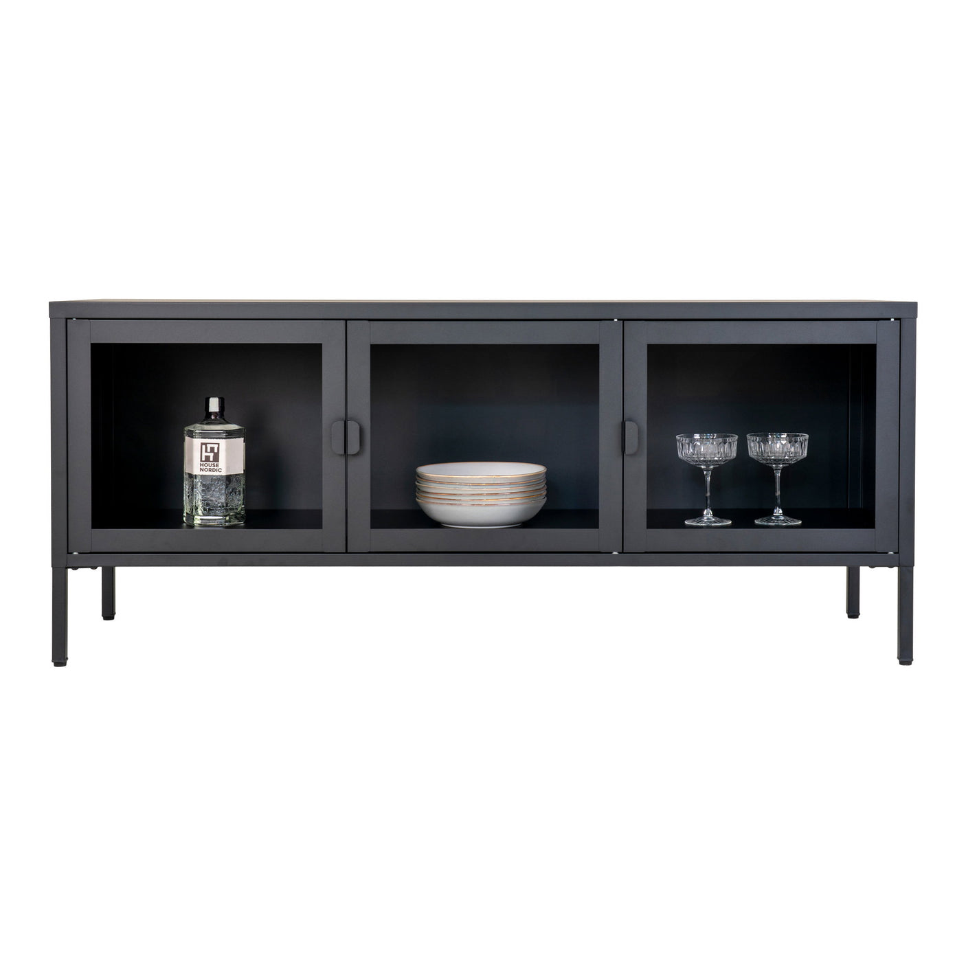 Sort TV-benk Brisbane 130 cm i stål og glass