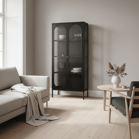 Adelaide vitrineskap rillet glass sort 80 x 35 x 180 cm - Lindas Dekor