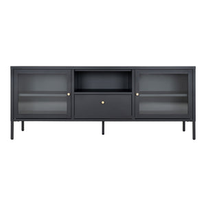 Dalby TV-benk med 2 glassdører og 1 skuff i sort stål – 150x35x60 cm