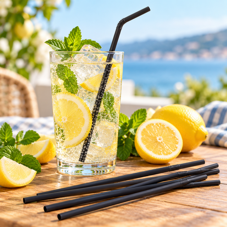 Sorte genanvendelige sugerør 21 cm i glas med frisk citrondrikk, citron og mynte i sommerligt miljø.