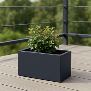 Moderne balkong med plante i rektangulær sort blomsterkasse – perfekt for stilren og vedlikeholdsfri uteplass med grønne innslag