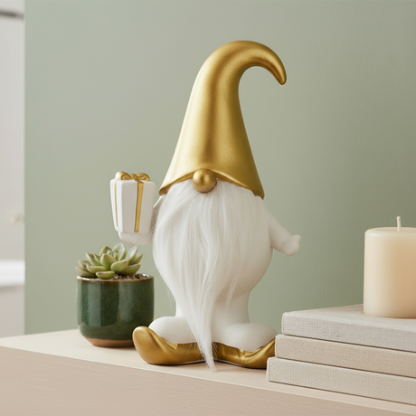 Mats nissefigur i hvitt og gull fra Lindas Dekor på lys hylle med julepynt