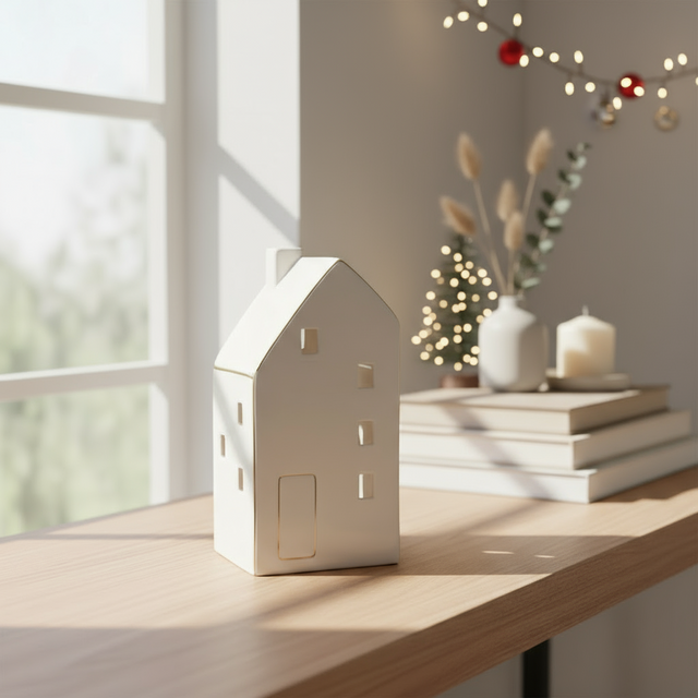 Keramikkhus med lys inni, plassert på mørkt bord i stemningsfull stue.