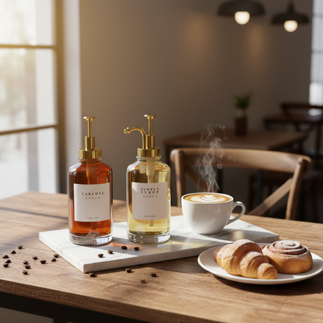 Glassdispenser med gullpumpe 7,5x21,2 cm 500 ml sirup honning kaffésirup 2-pk