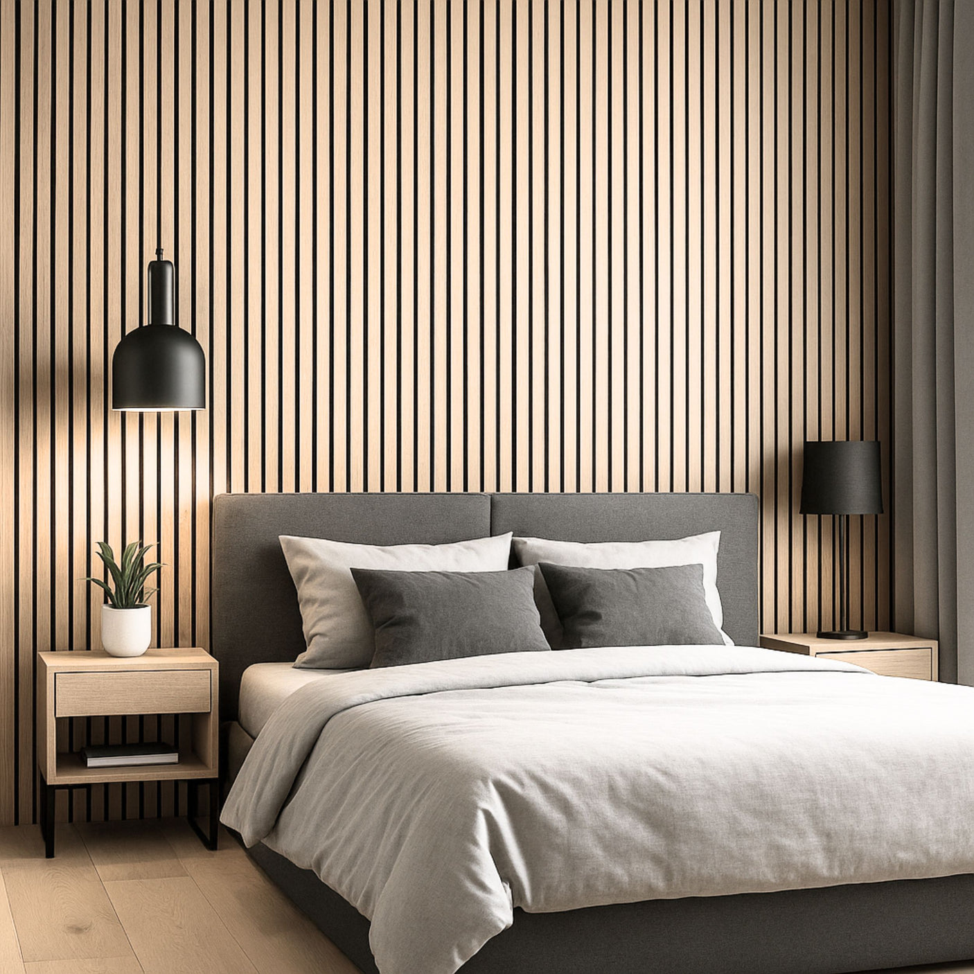 Moderne soverom med spileplater i eik bak sengen, grå tekstiler og nattbord i lyst tre for nordisk stil.