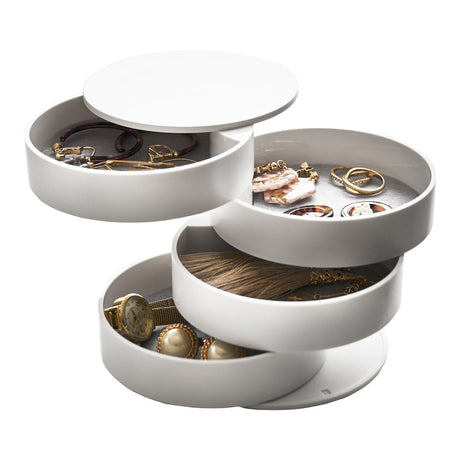 Roterbar smykkeboks i stilrent design for enkel organisering.