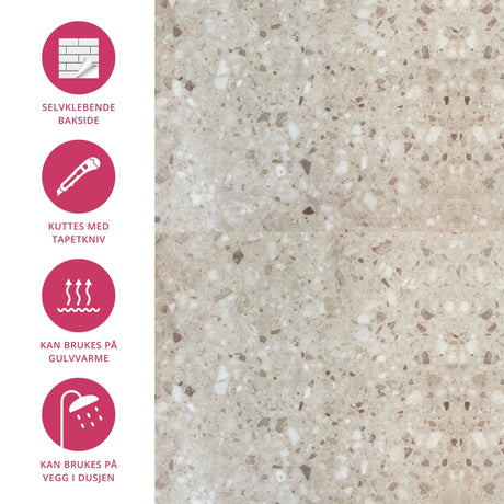 Sahara beige selvklebende fliser montert på kjøkkenvegg – moderne sandfarget design