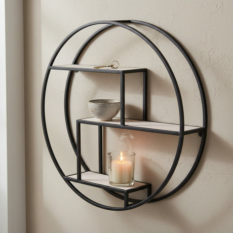 Sidevinkel av Rotterdam rund vegghylle, viser dybde 14 cm og hyllenivåer