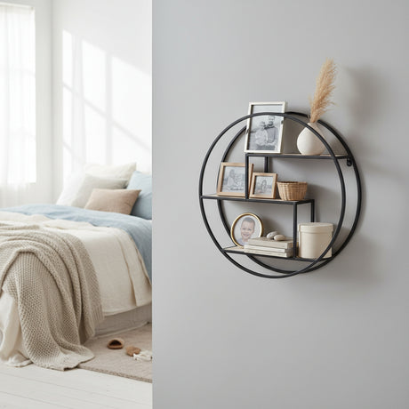 Detalj av rammekonstruksjon på Rotterdam vegghylle, sort metallring og innvendige stag