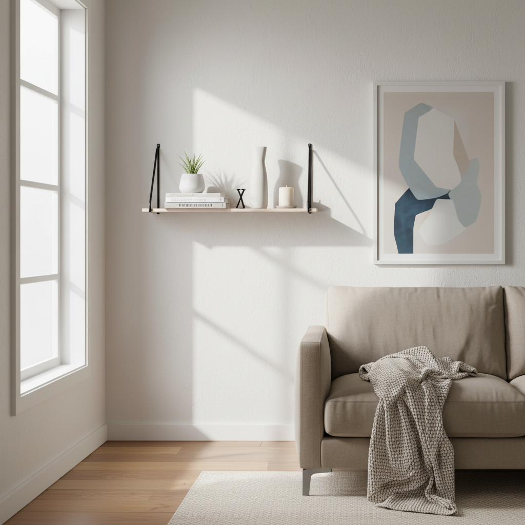 Oppheng og konstruksjon på vegghylle i tre med metallramme