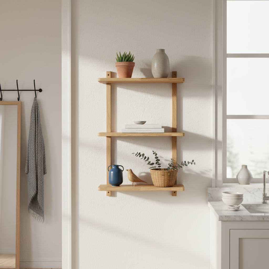 Eik vegghylle 75 cm høy med dekor