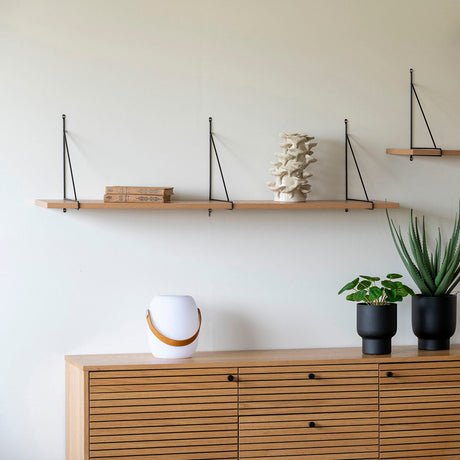 Lang vegghylle i tre og stål