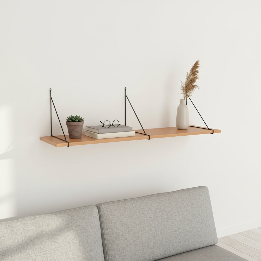 Vegghylle i askefiner med sort stålramme 120 cm