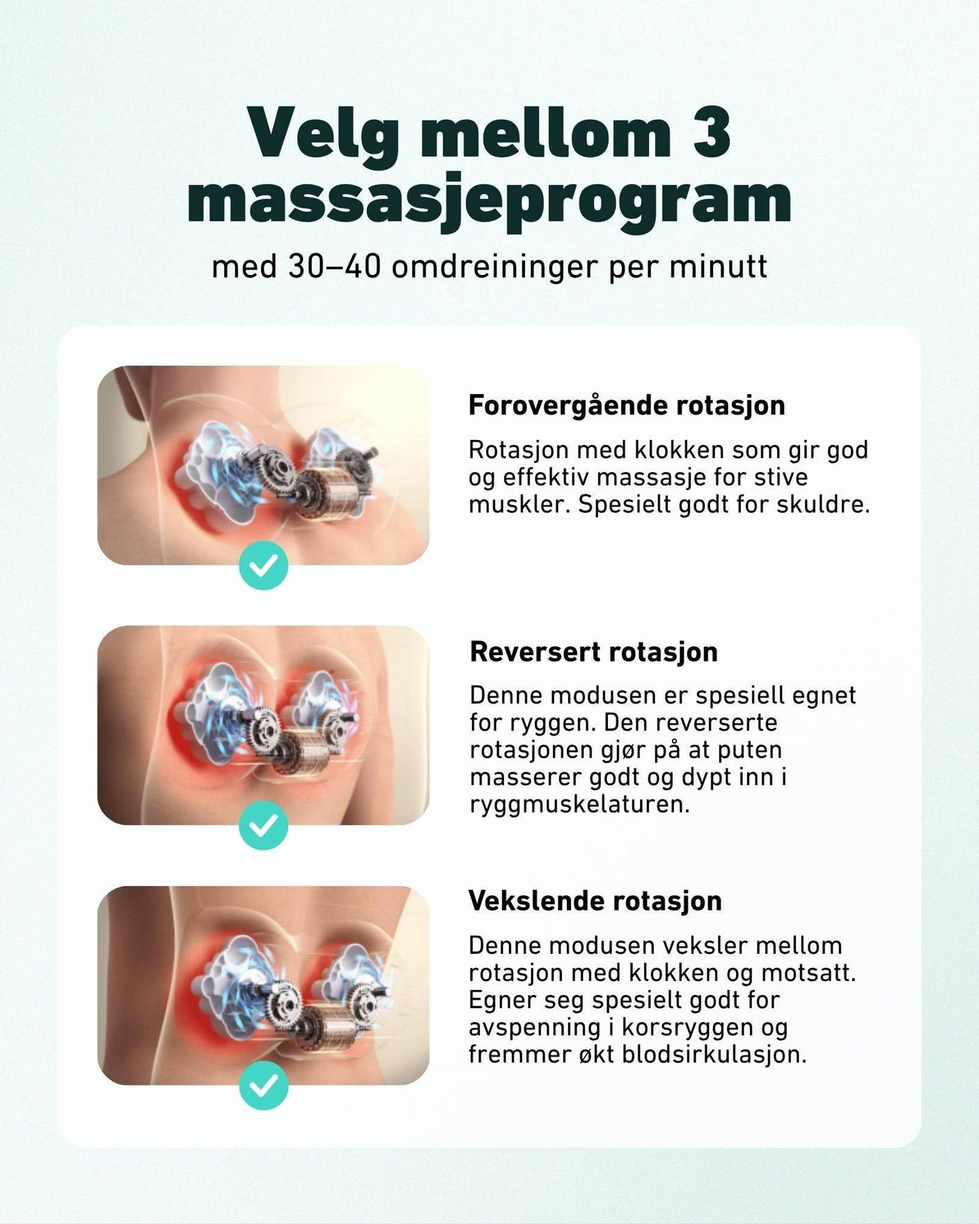 Tre massasjemoduser i SKG VS500 – forovergående, reversert og vekslende rotasjon med 30–40 rpm