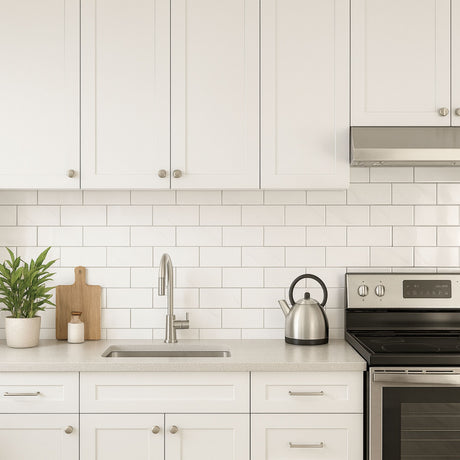 Lyst kjøkken med Stein marmor veggfliser og hvite skap for et elegant, tidløst uttrykk.