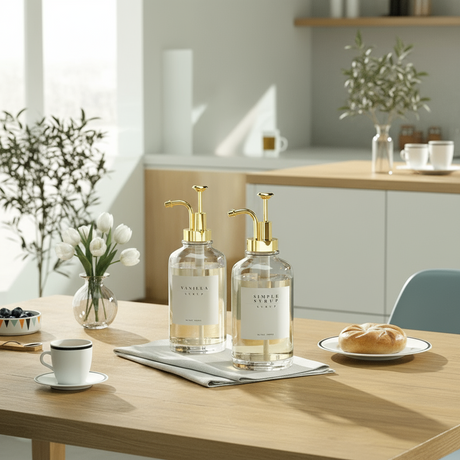 Glassdispensere med gullfarget pumpe brukt på frokostbord