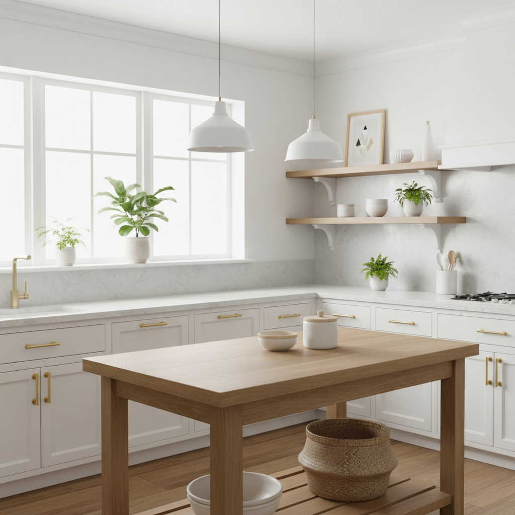 Lyst og moderne kjøkken med hvite skap, gullhåndtak og tremøbler, dekorert med grønne planter og naturdetaljer.
