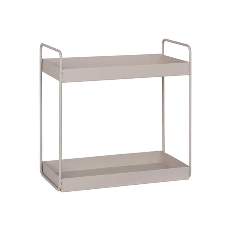 Beige metallhylle med to etasjer vist på hvit bakgrunn, tom for innhold.