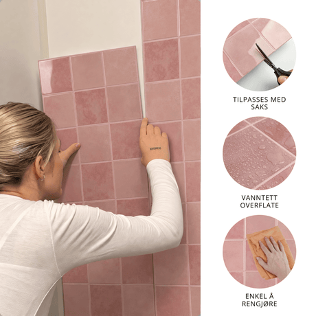 Nærbilde av Torine rosa selvklebende fliser med blank overflate, marmorert fargespill og lyse fuger.