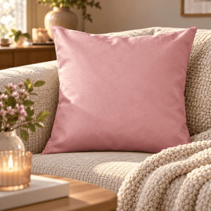Lyngrosa putetrekk i skinnlook 45 x 45 cm i lys sofa med strikket pledd og lun innredning